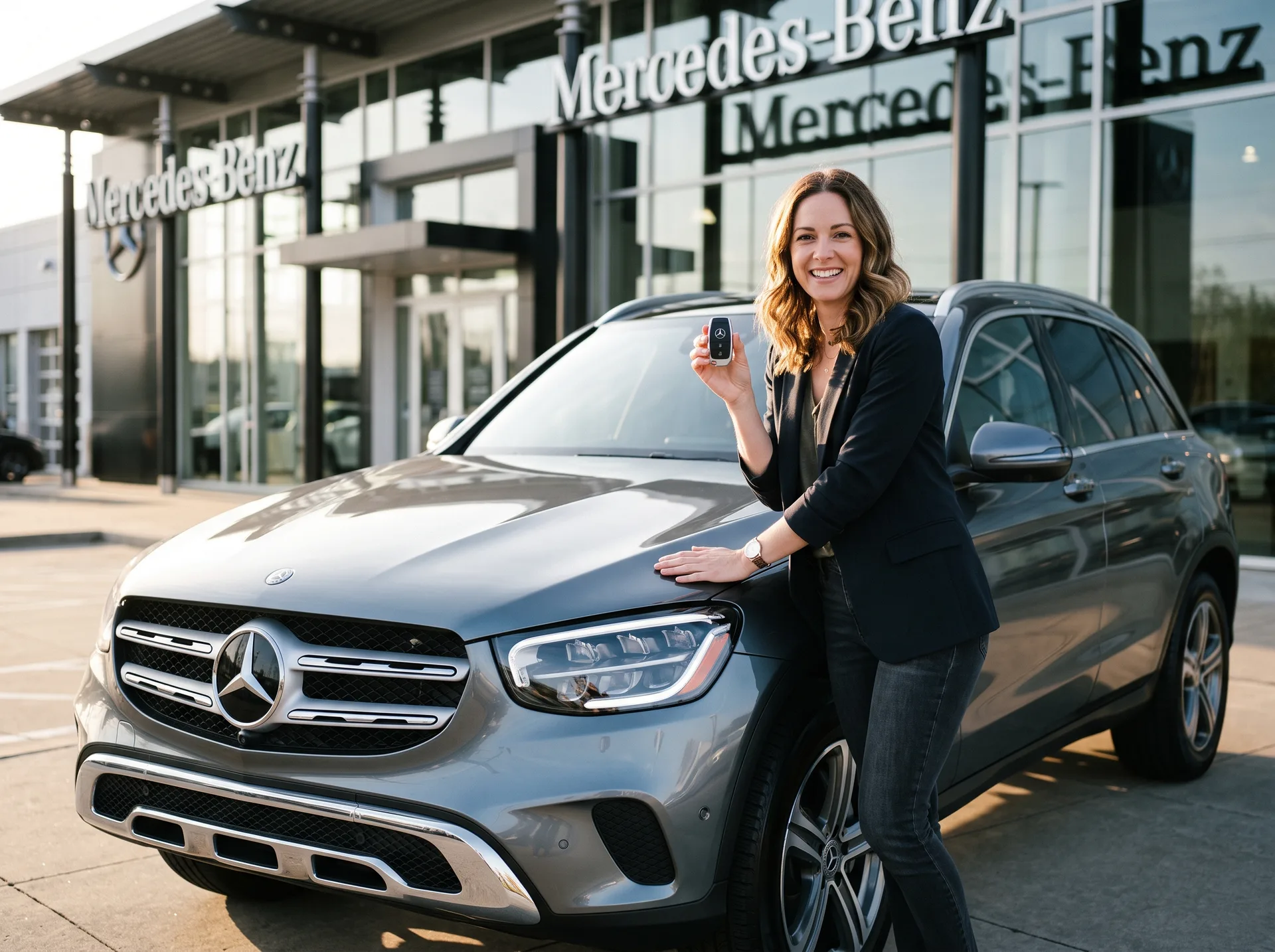 Customer holding the new key next to their Mercedes-Benz in Atlanta
