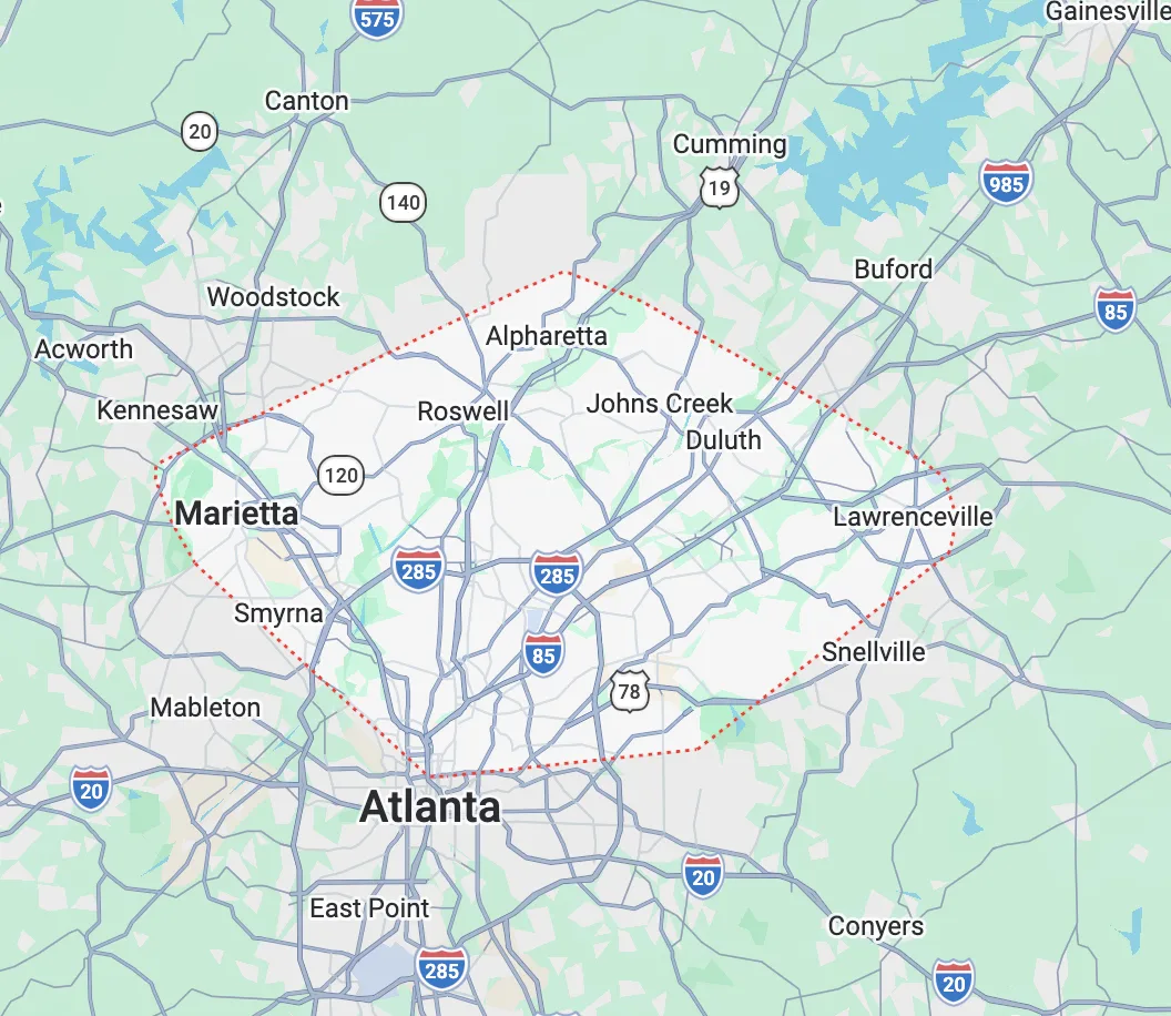 Mapa del área de Metro Atlanta donde hacemos llaves Mercedes-Benz