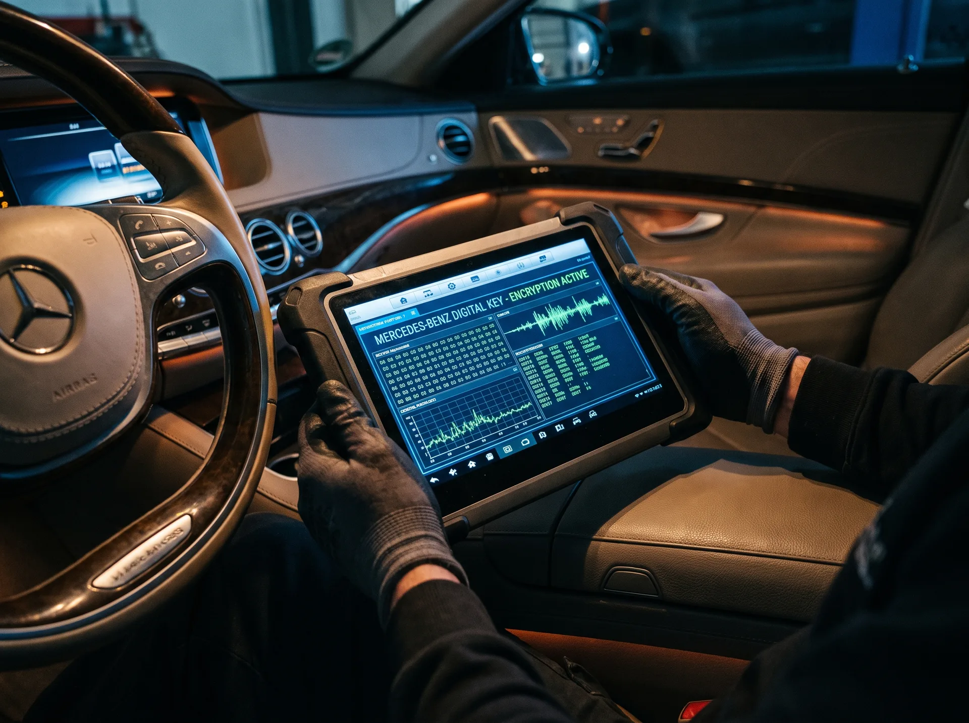 Programming tool connected inside a Mercedes-Benz to pair a new key