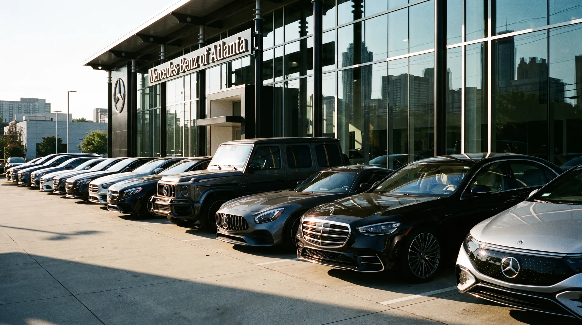 Row of Mercedes-Benz models: C-Class, E-Class, GLE, GLC, S-Class and Sprinter
