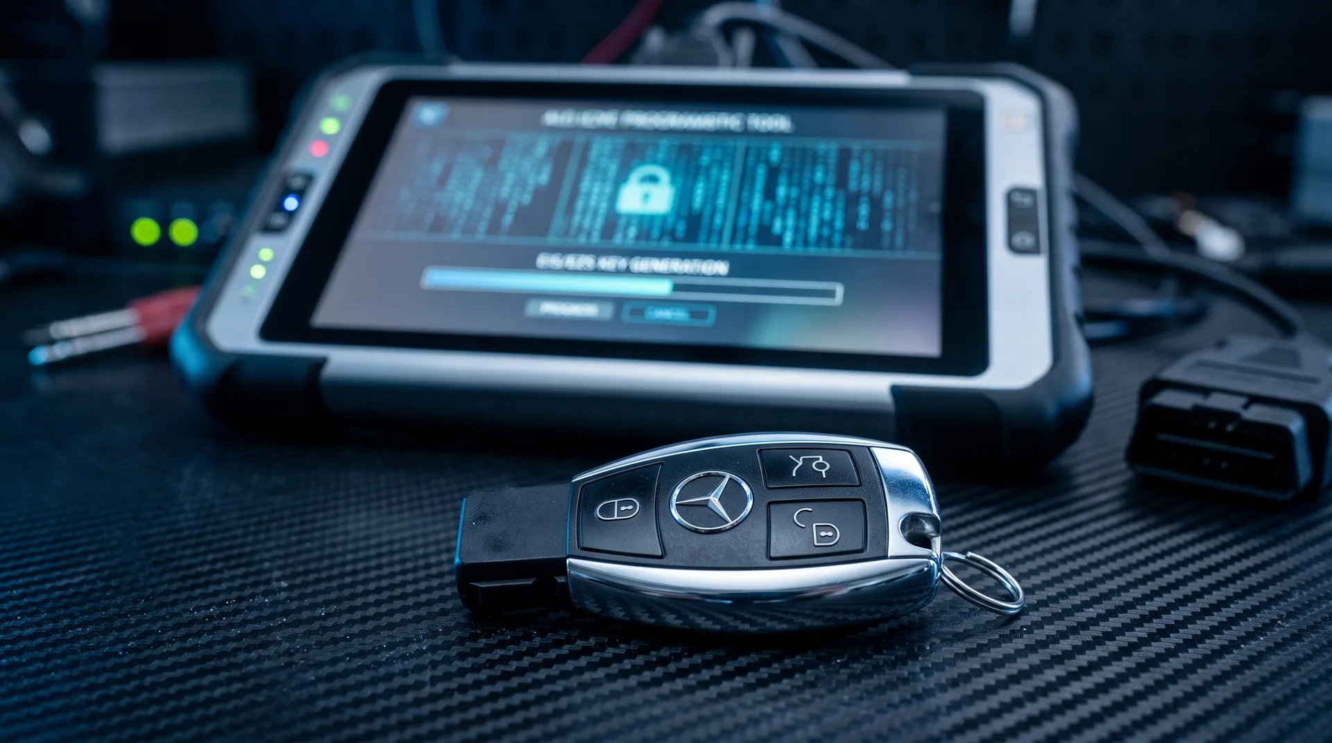 Technician programming a new Mercedes-Benz SmartKey next to the car in Atlanta