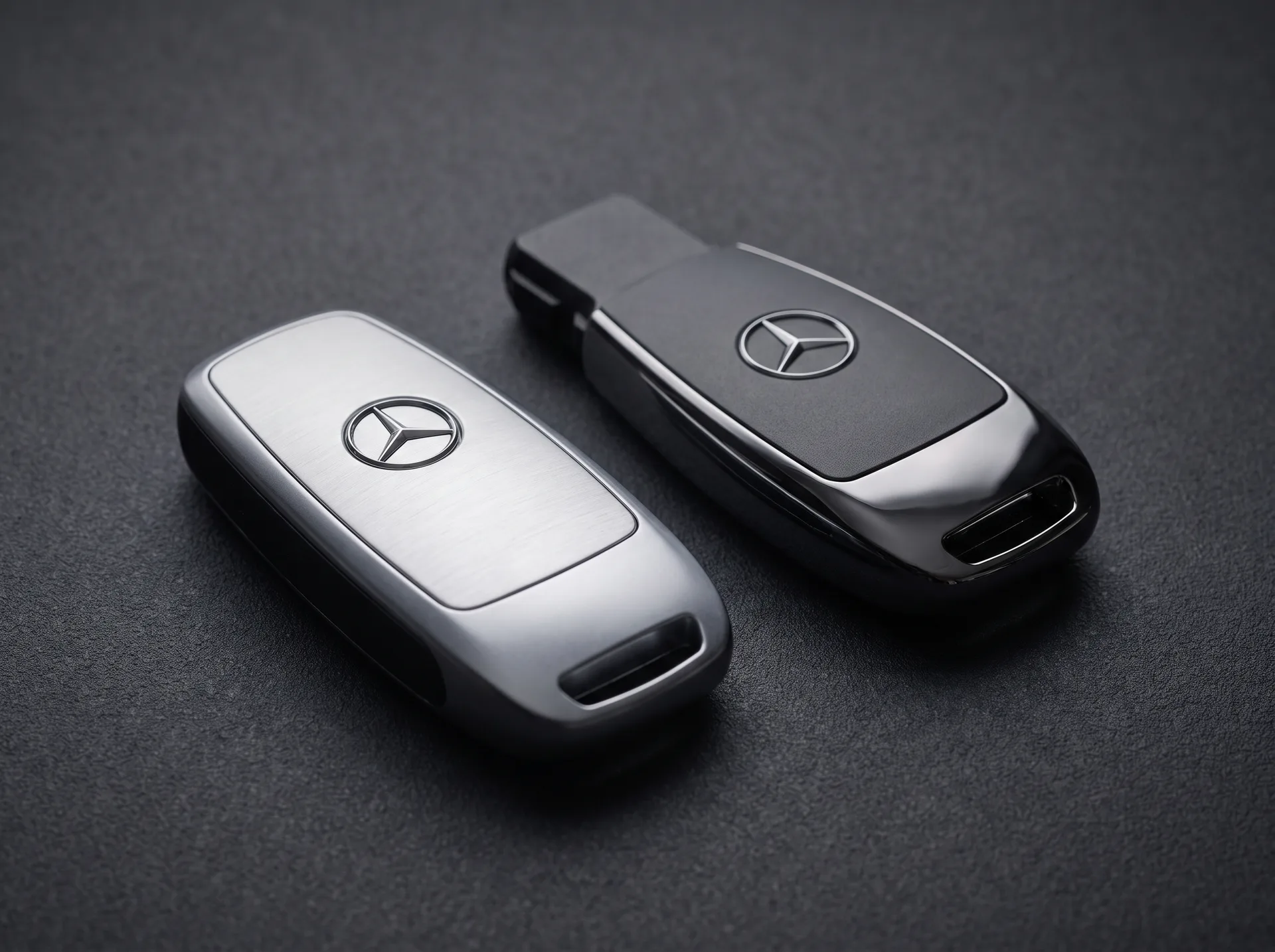 Two Mercedes-Benz SmartKeys side by side on a table